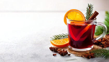 mulled wine in a glass cup with oranges and cinnamon with Christmas decoration