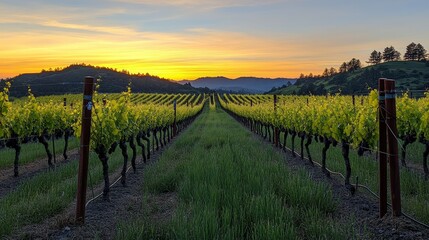 Obraz premium Golden Glow of Prosperity: Majestic Vineyard at Sunrise Signifying Growth, Patience, and Abundance