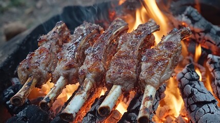 Grilling lamb chops over open fire outdoor barbecue food photography natural setting close-up shot