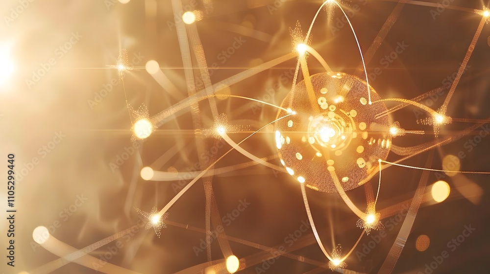 Canvas Prints golden atom model with glowing particles and energy orbits.