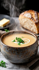 steaming bowl of vegetable soup garnished with fresh herbs, served with rustic bread and butter, evokes warmth and comfort