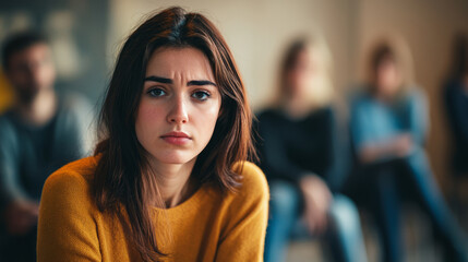 Obraz premium Portrait of a woman feeling sad in a support group