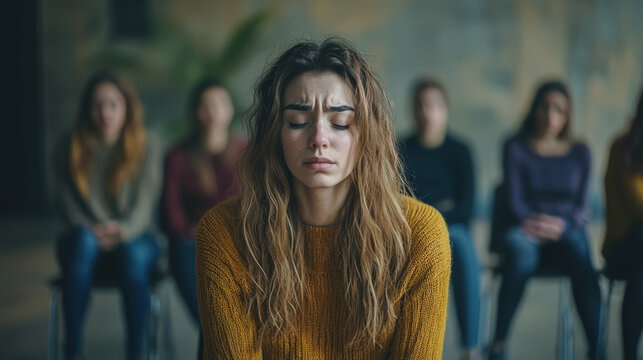 Portrait of a sad woman at a support group meeting