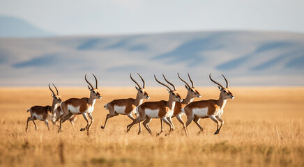 Indian gazelle herd running across golden savanna. Wildlife, nature, and animal concept.