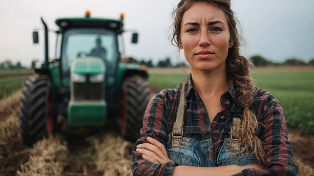 Confident female farmer in plaid shirt standing by green tractor