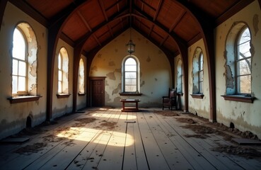 Abandoned old wood chapel interior at sunset. Broken walls, roof tiles. Sunlight streams through broken windows. Empty space with old wooden table, chair. Desolate, melancholic atmosphere. Historical