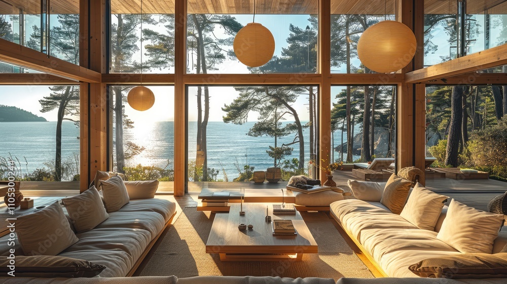 Poster A home with a huge window with views to the sea surrounded by pine trees.