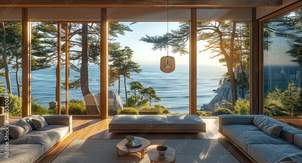 Aufkleber a home with a huge window with views to the sea surrounded by pine trees.
