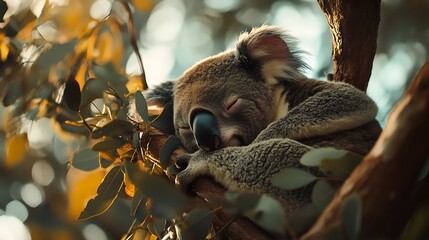 A koala sleeping peacefully on a tree branch surrounded by leaves.