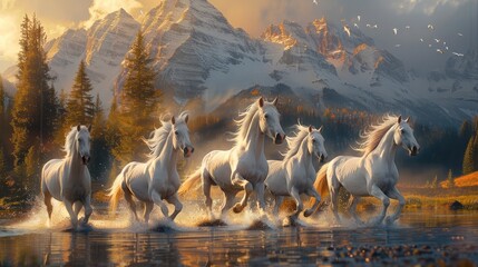 7 white horses running in a forest, sunrise, crossing river, snowcapped mountain background.
