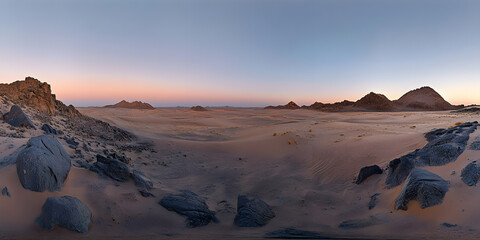 Fototapeta premium Serene Dawn in the Sahara Desert: A Panoramic View of Ancient Rock Formations and Rolling Sands Under a Pastel Sky