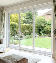 Fototapeta premium Triple sliding doors with large glass windows providing a view of the garden.