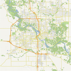 Map of Cedar Rapids in Iowa in a normal road map style. Contains layered vector with roads water, parks, etc.