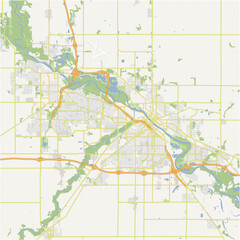 Map of Waterloo in Iowa in a normal road map style. Contains layered vector with roads water, parks, etc.