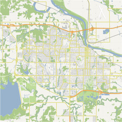 Map of Lawrence in Kansas in a normal road map style. Contains layered vector with roads water, parks, etc.