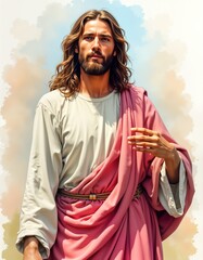 Obraz premium Religious watercolor portrait of Jesus Christ. Man with long brown hair, beard. Wears light beige tunic, flowing pink robe. Jesus looks directly forward with serene expression. Impressionist style