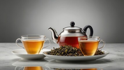 Fototapeta premium serene setup featuring a stainless steel teapot filled with amber tea, flanked by two glass cups on saucers. Dried tea leaves rest on a plate, all placed on a marble surface against a muted background