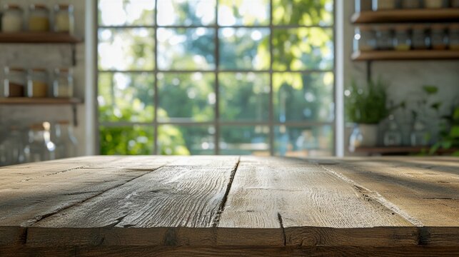 Wooden table in kitchen overlooks lush garden through large window.