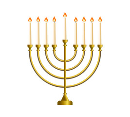 Hanukkah isolated Golden realistic menorah, candlestick with burning candles, traditional Hanukkah  candelabrum, Jewish decoration, Vector illustration