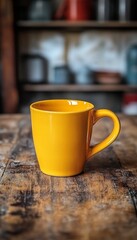 Fototapeta premium Yellow ceramic coffee mug on rustic wooden table, blurred cosy home kitchen interior background