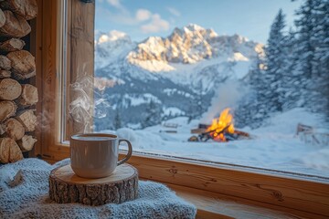 Hot coffee and a warm scarf by the window with a view of the snowy forest