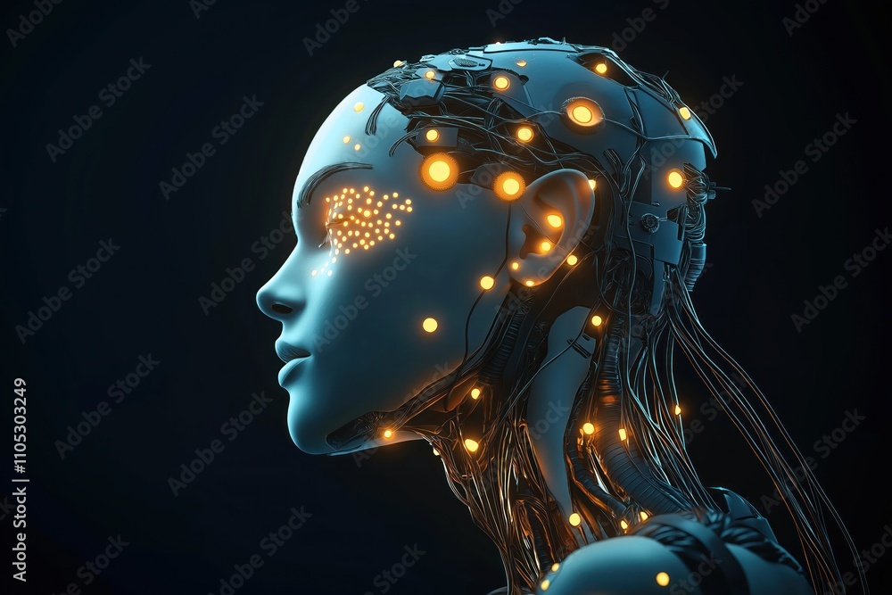 Poster futuristic cyborg with illuminated dots and wires. side view. dark background. pensive expression. a