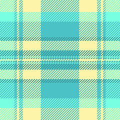 Crease plaid fabric tartan, tough textile background pattern. Ragged vector texture seamless check in cyan and yellow colors.