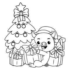 Christmas coloring page with pig for kids