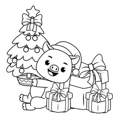 Christmas coloring page with pig for kids