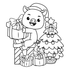 Christmas coloring page with pig for kids
