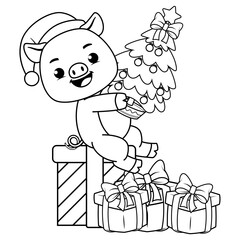Christmas coloring page with pig for kids