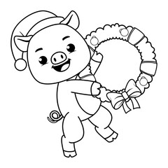 Christmas coloring page with pig for kids