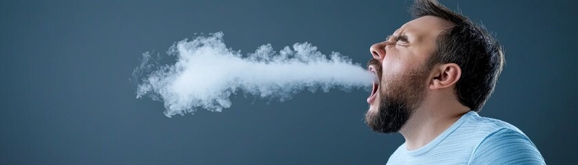 Obraz premium Man exhaling vapor in studio emotional portrait indoor dramatic lighting human expression conceptual art