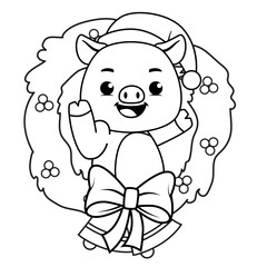 Christmas coloring page with pig for kids