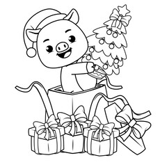 Christmas coloring page with pig for kids