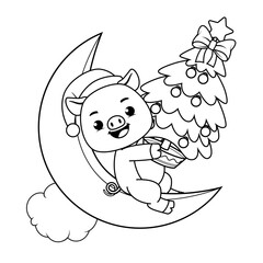 Christmas coloring page with pig for kids