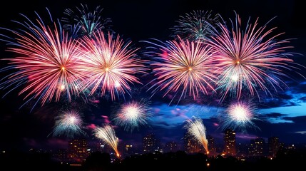 Vibrant Fireworks Display Lighting Up City Skyline with Thrilling Ambiance