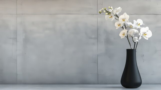 A delicate black vase with white orchids in front of a textured concrete wall, ideal for home decor or interior design concepts Generative AI