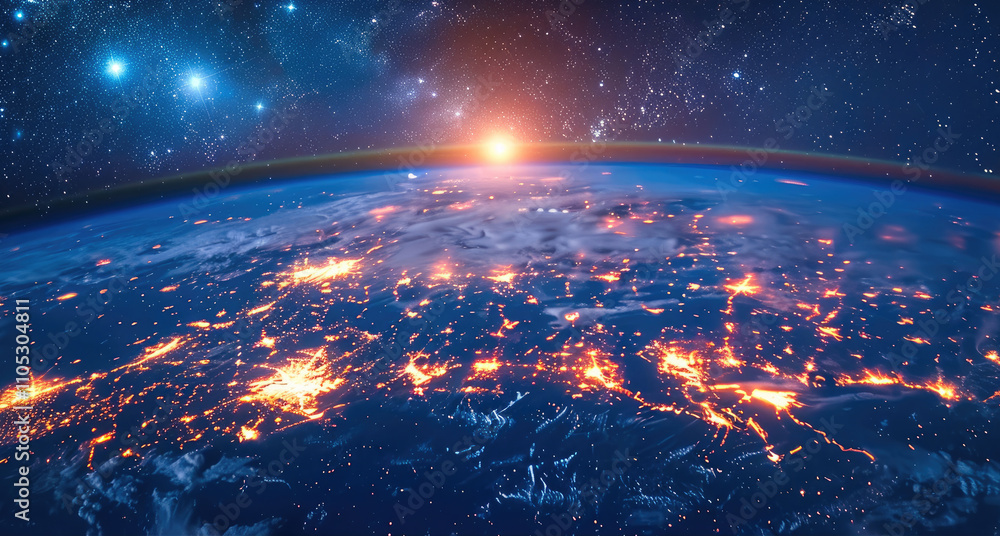 Poster panoramic view of earth surface from orbit. illuminated city lights, scattered clouds.