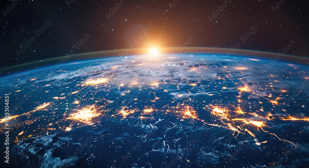 Poster panoramic view of earth surface from orbit. illuminated city lights, scattered clouds.