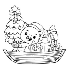 Christmas coloring page with pig for kids