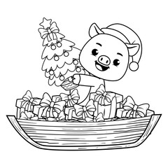 Christmas coloring page with pig for kids
