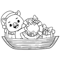 Christmas coloring page with pig for kids