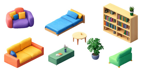 Set of isometric living room furniture, including a sofa and armchair, a sleeping bed, a bookcase with books, and a coffee table with a potted plant on top, all set against a white background