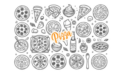 Hand-Drawn Pizza and Food Vector Illustration Set with Decorative and Italian Cuisine Elements