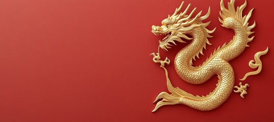 Obraz premium Golden Dragon on Red Background Symbol of Luck and Prosperity for Lunar New Year 2024
