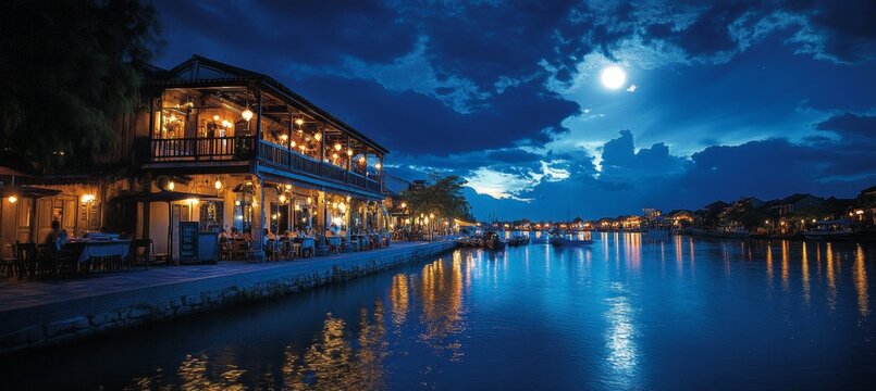 Atmospheric Night View Of Serene River, Hoi An, Vietnam, With Glowing Traditional Restaurants