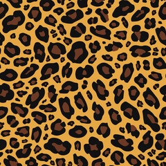 Seamless leopard print pattern with black and brown spots on a yellow background, perfect for fashion, textiles, and design projects