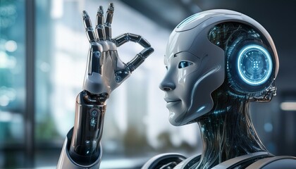 Fototapeta premium 白いロボットがOK、Goodサインを出している。AIで生成