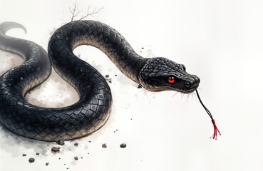 Black snake with red eyes, long body. Snake with detailed scales. Animal lying on light background. Wildlife art style. Dark, powerful visual. Natural textures. Detailed, dramatic animal